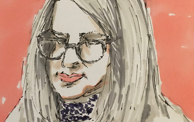 Portrait of Helen Keegan by Deborah Mason shows an ink drawing of the head and shoulders of a woman with grey shoulder length hair, she is wearing glasses and a blue and white striped top, she is looking down, set against a terracotta background